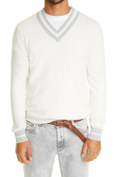 Shop Brunello Cucinelli Stripe V-neck Cashmere Sweater In White