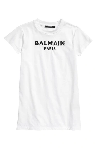 Shop Balmain Kids' Sequin Logo Cotton T-shirt Dress In White