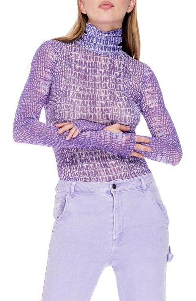 Afrm Zadie Semi Sheer Mesh Turtleneck In Purple Crocodile | ModeSens