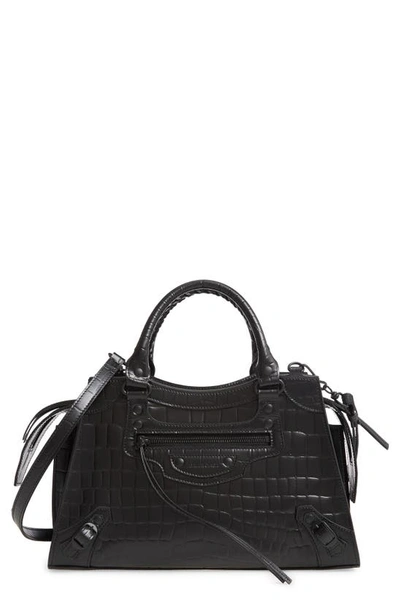 Shop Balenciaga Neo Classic City Croc Embossed Leather Top Handle Bag In 1000 Black