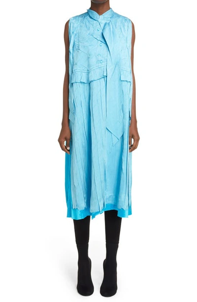 Shop Balenciaga Patched Crinkled Silk Jacquard Midi Dress In Azure