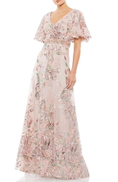 Shop Mac Duggal Sequin Floral Butterfly Sleeve A-line Gown In Rose Pink