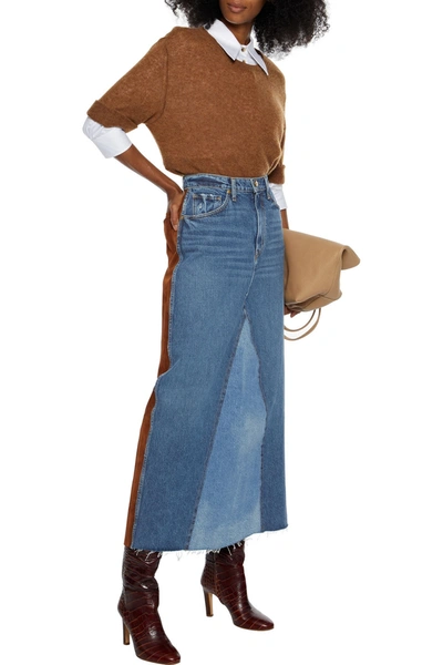 Shop Khaite Magdalena Denim And Suede Maxi Skirt In Mid Denim