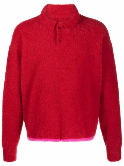 Shop Jacquemus Contrast-stripe Faux Fur Jumper In Red