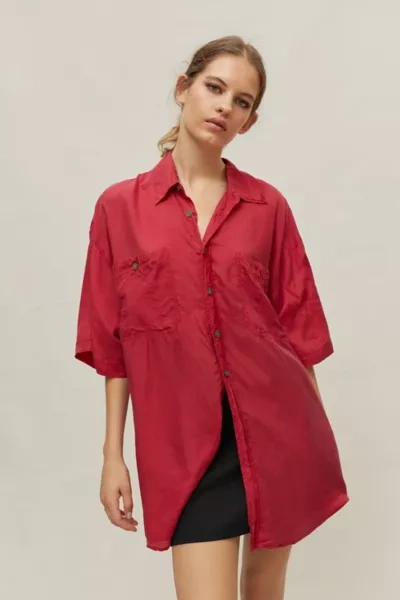 Shop Urban Renewal Vintage Oversize Silky Button-front Shirt In Red