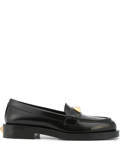 Shop Valentino Roman Stud Almond-toe Loafers In Black