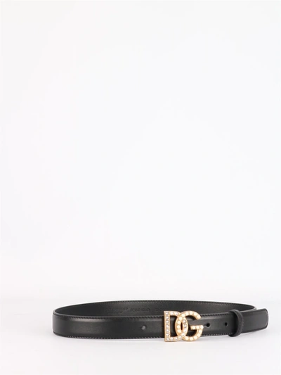 Dolce & Gabbana Black Belt With Dg Logo Buckle With Pearls And Rhinestones In Smooth Leather Woman In Black