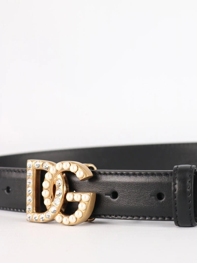 Dolce & Gabbana Black Belt With Dg Logo Buckle With Pearls And Rhinestones In Smooth Leather Woman In Black