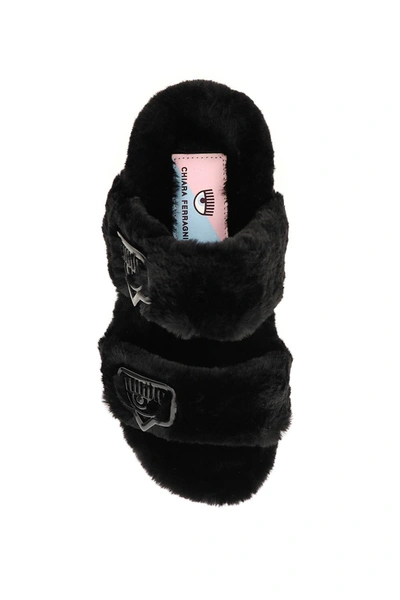 Shop Chiara Ferragni Double Strap Faux Fur Mules In Black