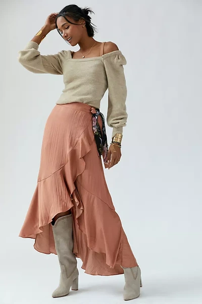 Shop Maeve Ruffled Wrap Maxi Skirt In Brown