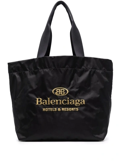 Shop Balenciaga Hotel Embroidered Tote Bag In Black