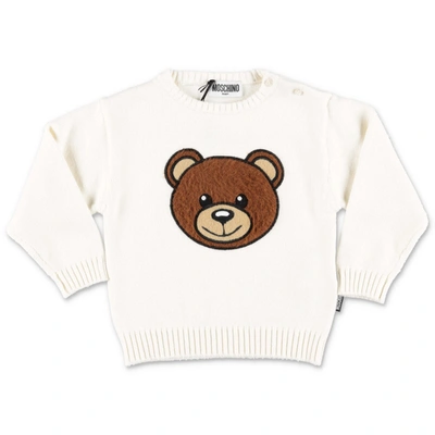 Shop Moschino Pullover Bianco Teddy Bear In Maglia Di Cotone E Lana