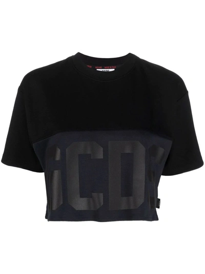 Shop Gcds Black Cotton Cropped T-shirt In Nero