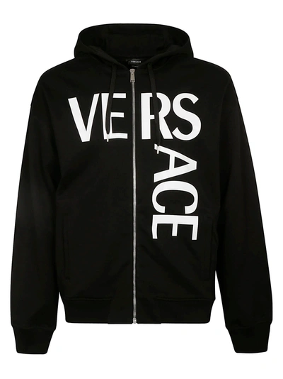 Shop Versace Logo Print Zipped Hoodie In Nero