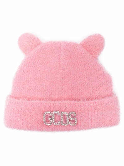 Shop Gcds Crystal-embellished Pop-up Ears Beanie In 粉色