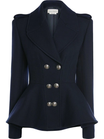 Shop Alexander Mcqueen Blue Double Breasted Blazer