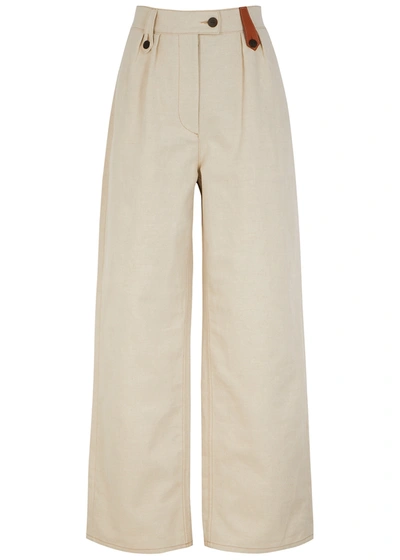 Shop Loewe Ecru Wide-leg Cotton-blend Trousers