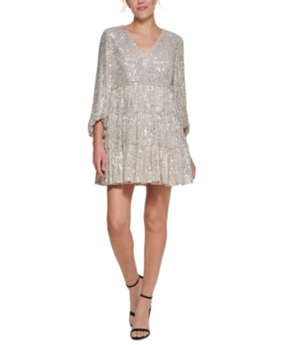Shop Eliza J Sequinned Tiered Fit & Flare Dress In Silver
