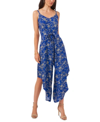Shop Msk Printed Tie-front Wide-leg Jumpsuit In Blue/white