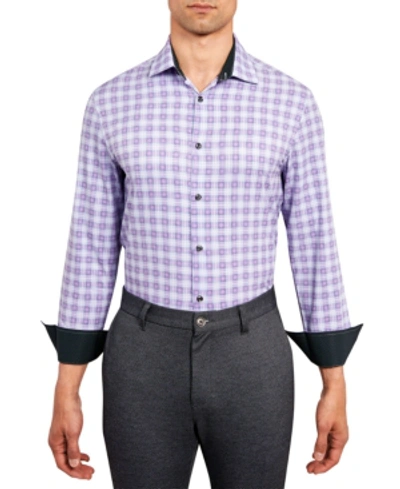 Shop Construct Men's Cooling Comfort Slim-fit Performance Stretch Allover Plaid Print Dress Shirt In Grey/purple