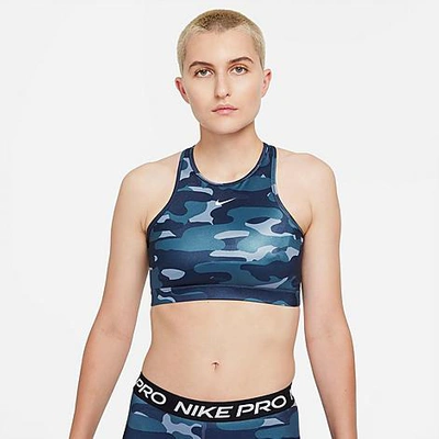 Shop Nike Women's Dri-fit Swoosh One-piece Pad High-neck -support Sports Bra In Ashen Slate/midnight Navy/white
