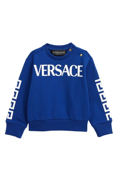 Shop Versace Greca Logo Cotton Sweatshirt In Bluette White