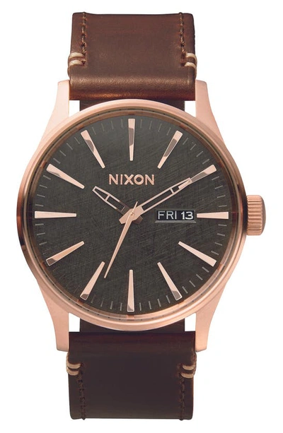 Shop Nixon The Sentry Leather Strap Watch, 42mm In Rose Gold / Gunmetal / Brown