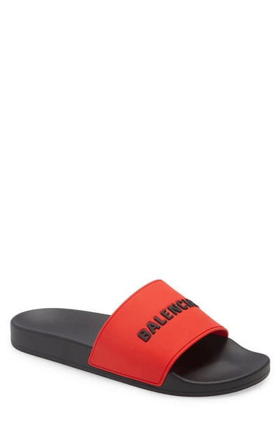 Shop Balenciaga Logo Pool Slide In Blood Red/ Black/ Black