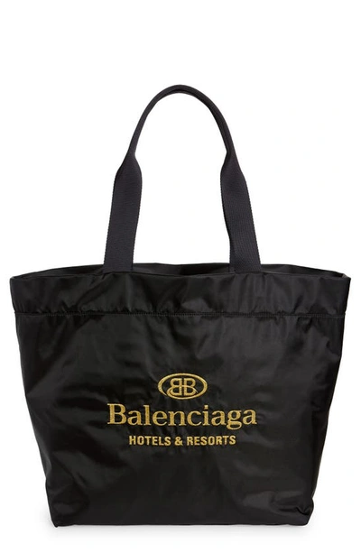 Shop Balenciaga Embroidered Hotel Logo Nylon Tote In Black