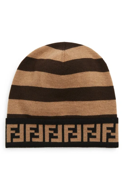 Shop Fendi Ff Logo Pequin Stripe Wool Beanie In Beige