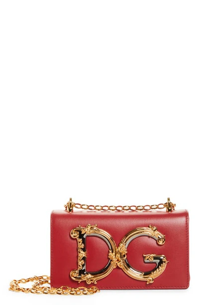 Shop Dolce & Gabbana Girls Logo Leather Phone Crossbody Bag In Rosso Papavero