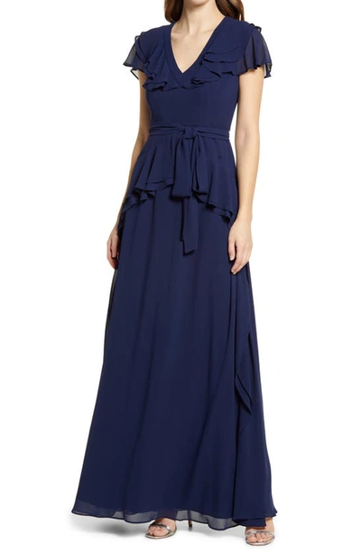 Shop Shani Ruffle A-line Gown In Navy