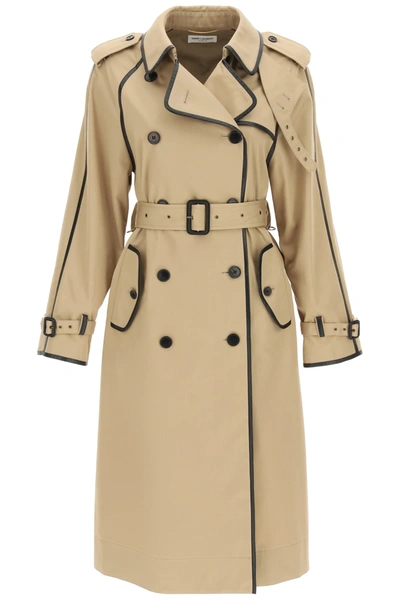 Shop Saint Laurent Trench In Technical Gabardine With Leather Piping In Brown,black