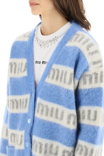 Shop Miu Miu Striped Multi Logo Oversized Cardigan In Light Blue,white