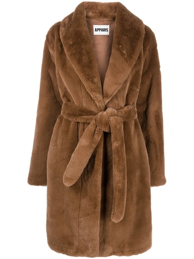 Shop Apparis Bree Belted Faux-fur Coat In Braun
