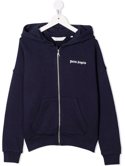 Shop Palm Angels Kids Navy Blue Hoodie With Zip And White Logo