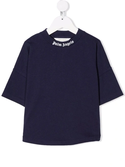 Shop Palm Angels Kids Navy Blue Logo T-shirt