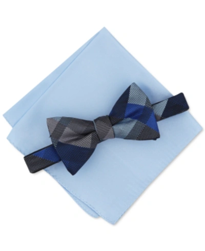 Shop Alfani Men's Plaid Pre-tied Bow Tie & Solid Pocket Square Set, Created For Macy's In Blue