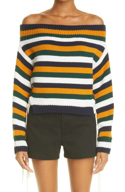 Shop Monse Stripe Off The Shoulder Merino Wool Crop Sweater In Turmeric Multi