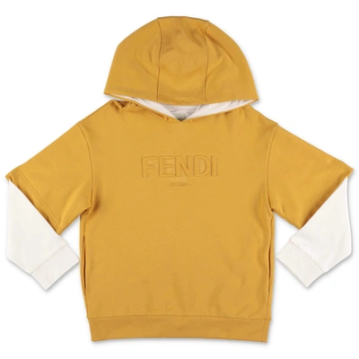 Shop Fendi Kids Logo Embossed Layered Hoodie In Yellow