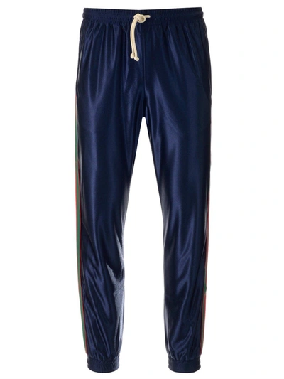 Shop Gucci Web Shiny Jersey Trousers In Navy