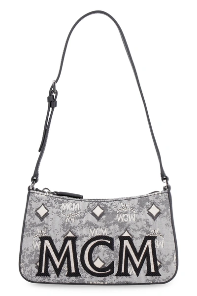 Shop Mcm Logo Jacquard Shoulder Bag In Grey