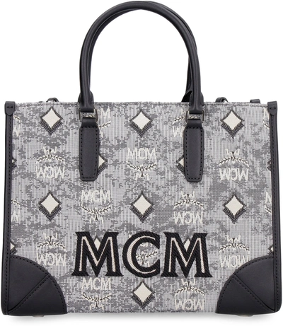 Shop Mcm Visetos Jacquard Top Handle Tote Bag In Grey