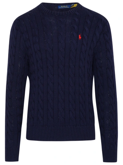 Shop Polo Ralph Lauren Logo Embroidered Cable Knitted Jumper In Navy
