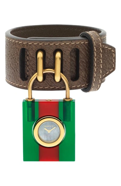 Shop Gucci Twirl Small Leather Strap Padlock Watch, 17mm In Green/ Red/ Gold