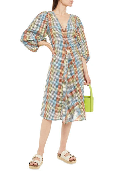 Shop Ganni Gathered Checked Cotton-blend Seersucker Dress In Multicolor