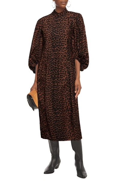 Shop Ganni Gathered Leopard-print Organic Cotton-poplin Midi Dress In Animal Print