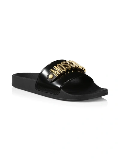 Shop Moschino Men's Mule Pvc Logo Pool Slides In Nero