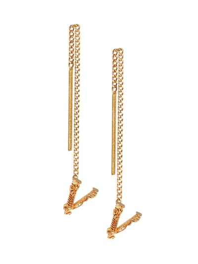 Shop Versace Women's Goldtone Baroque 'v' Threader Earrings In  Gold