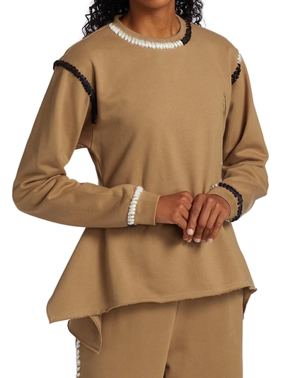 Shop Jw Anderson Women's Asymmetric Contrast Stitch Sweatshirt In Tobacco